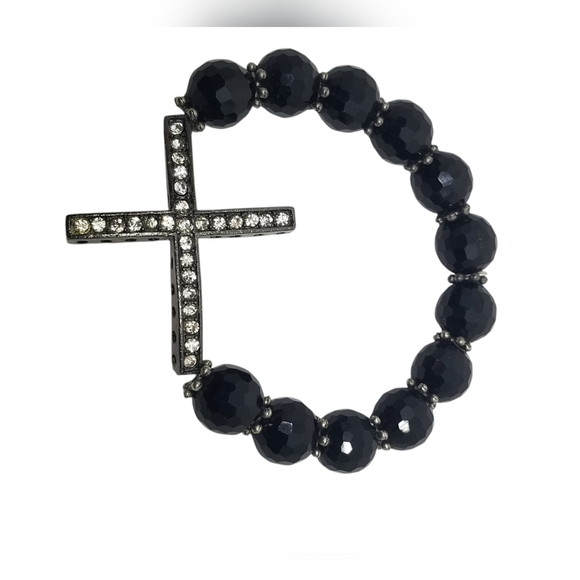 VINTAGE CRYSTAL CROSS & BLACK GLASS BEAD STRETCH BRACELET - Picture 1 of 5